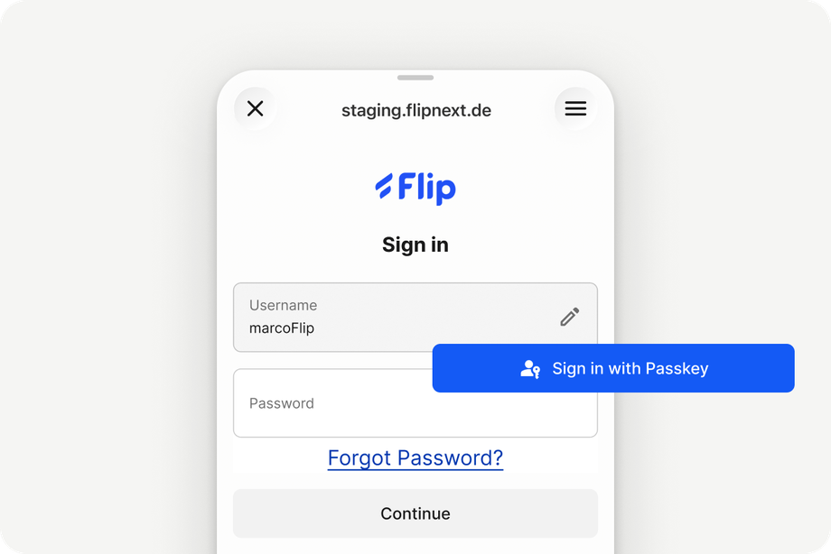 Login screen with username, password, and Sign in with Passkey.