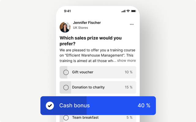 Software poll UI for choosing sales prizes with 40% selecting cash bonus.