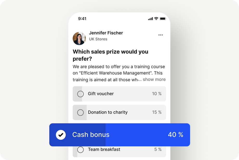 Software poll UI for choosing sales prizes with 40% selecting cash bonus.