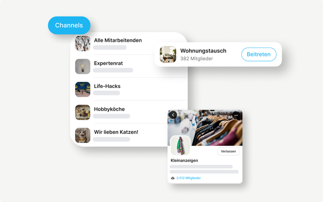 B2B-SaaS Mitarbeiterplattform: Channels wie Expertenrat, Life-Hacks, Kleinanzeigen, Wohnungstausch.
