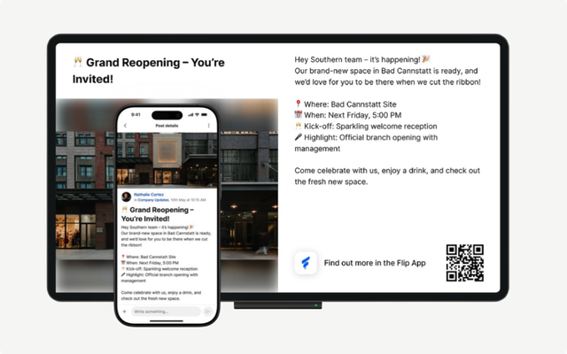Digital signage announcing a grand reopening event with details on mobile and screen.