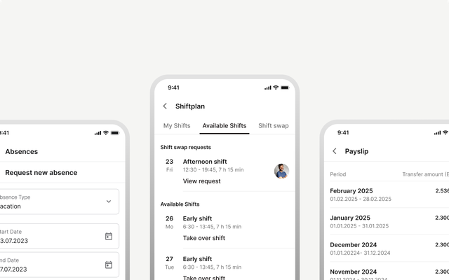 UI screens for Absences, Shiftplan, and Payslip in a SaaS platform.