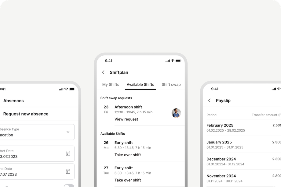 UI screens for Absences, Shiftplan, and Payslip in a SaaS platform.