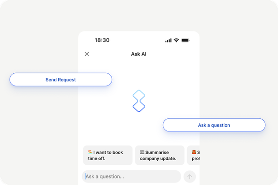 B2B SaaS platform interface with options for booking time off and summarizing updates.