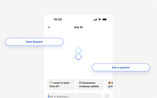 B2B SaaS platform interface with options for booking time off and summarizing updates.