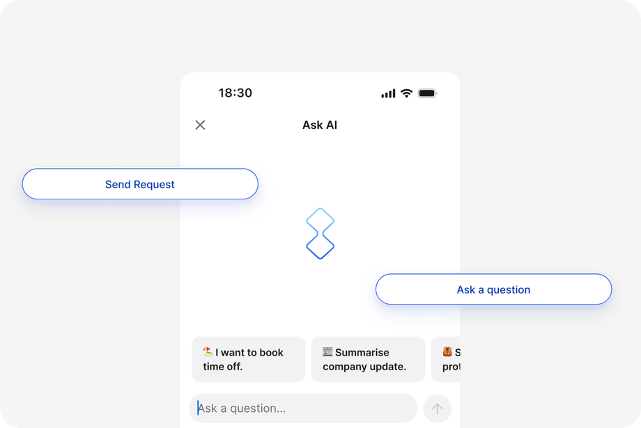 B2B SaaS platform interface with options for booking time off and summarizing updates.