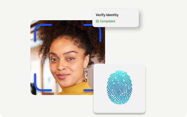 Facial recognition with text Verify Identity Completed and fingerprint icon.