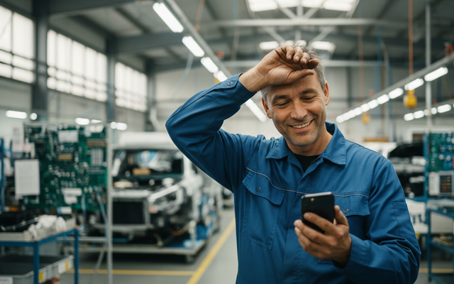 Smiling worker in a factory looking at smartphone.