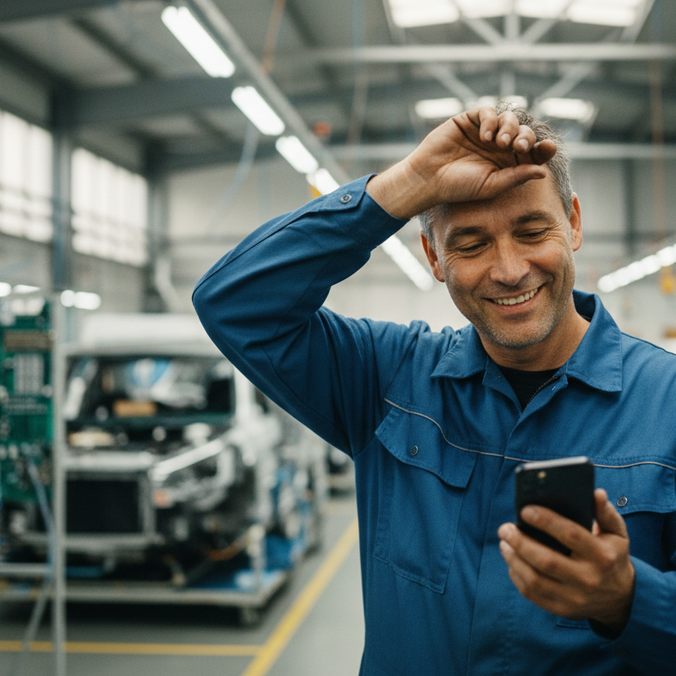 Smiling worker in a factory looking at smartphone.