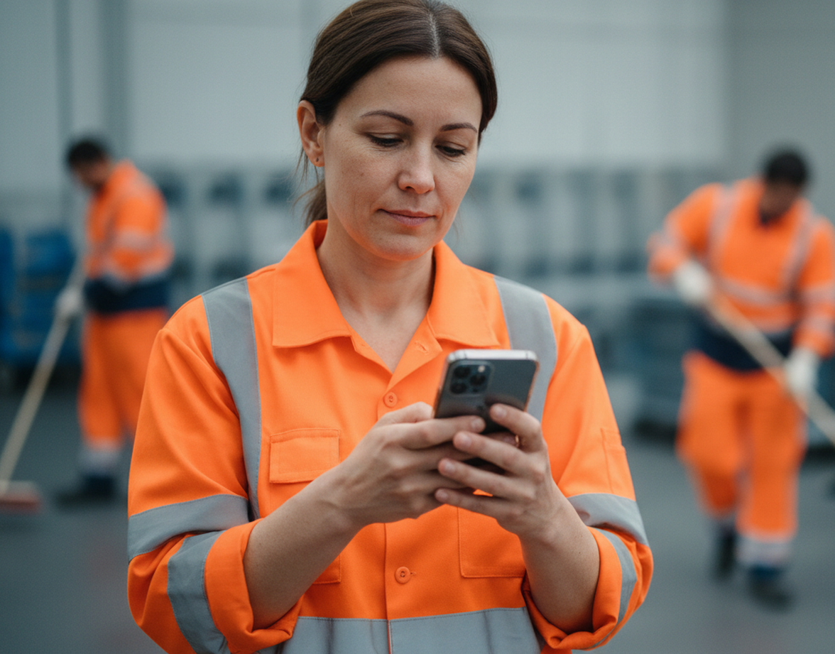 Woman in orange uniform uses smartphone; others sweeping in background.