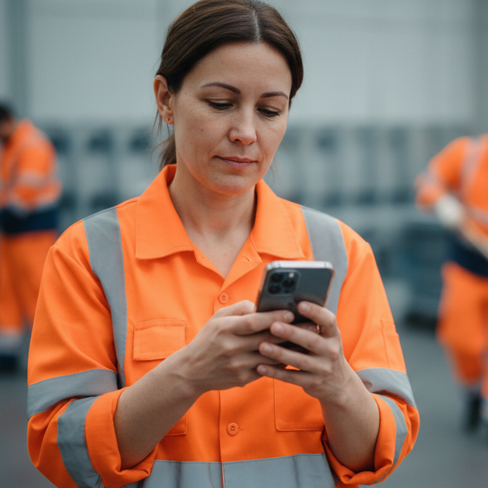 Woman in orange uniform uses smartphone; others sweeping in background.