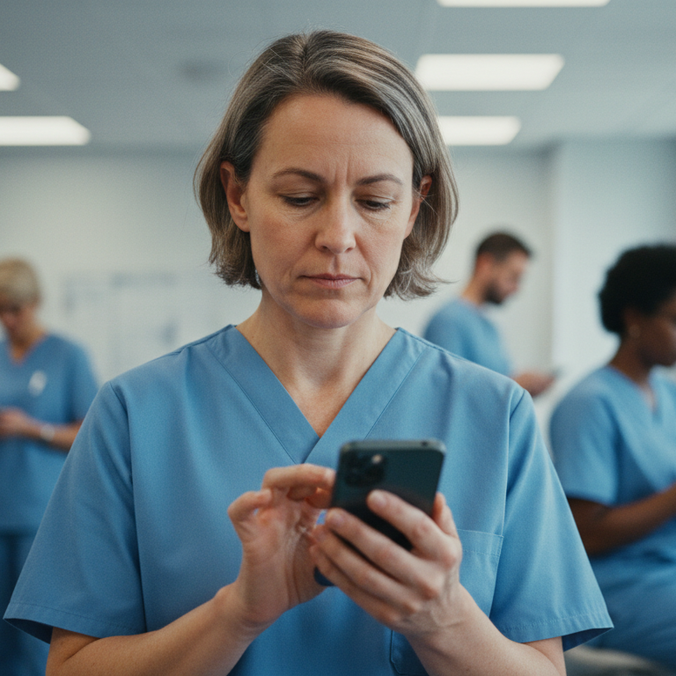 Healthcare workers in scrubs using mobile phones in a hospital setting.