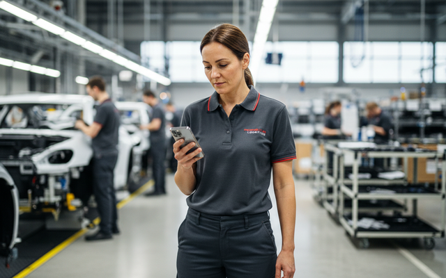 Porsche employee using a phone on the factory floor.