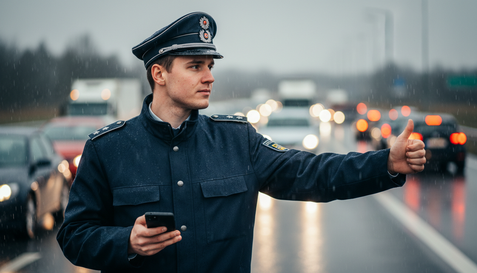 Police officer on a rainy road using a phone and giving a thumbs-up.