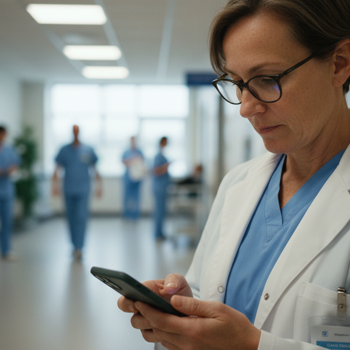 Healthcare worker using a smartphone in a hospital corridor.