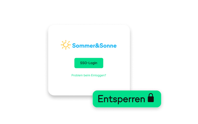Login-UI mit Sommer&Sonne, SSO-Login, Entsperren-Button; HR-Portal, Mitarbeiterplattform.