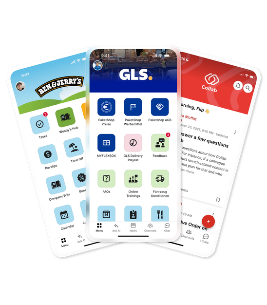 Three mobile app interfaces for Ben & Jerrys, GLS, and Collab.