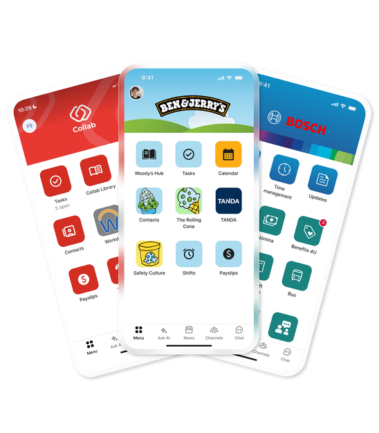 Three smartphone screens showing B2B-SaaS apps for employee tasks and communication.