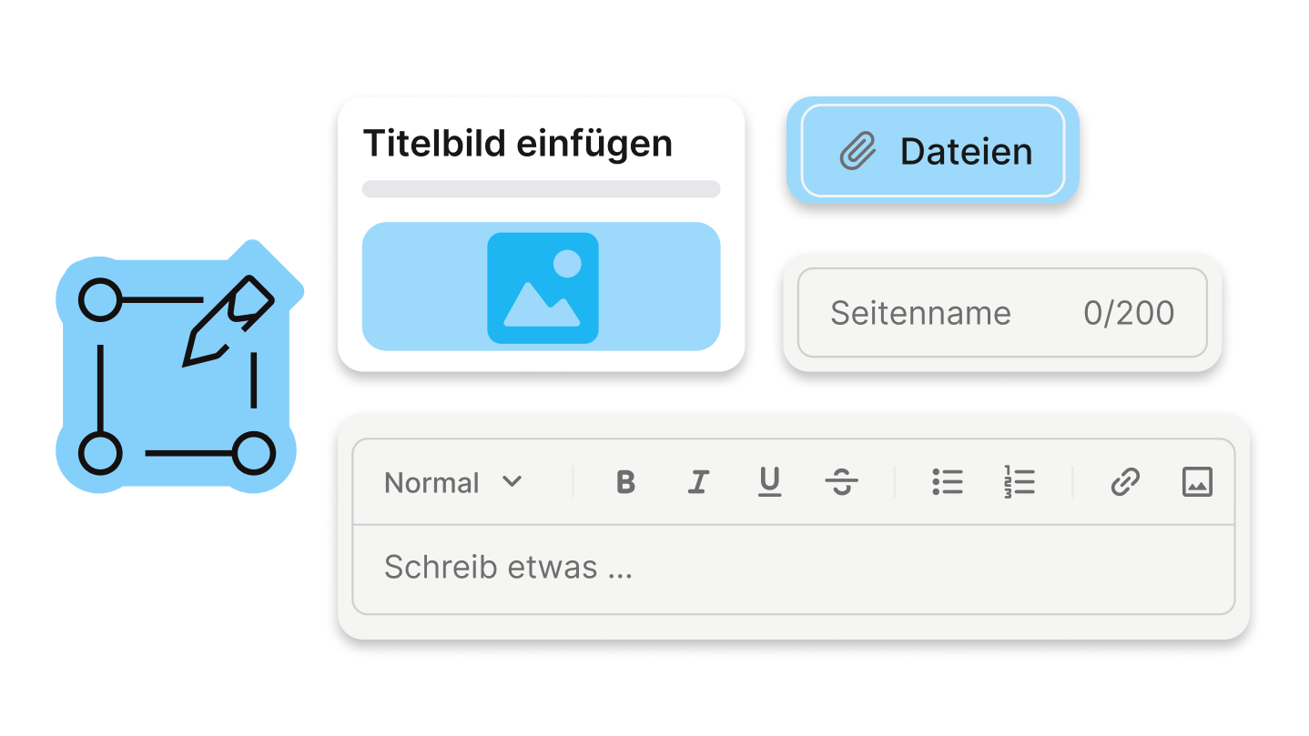 UI einer Mitarbeiterplattform mit Titelbild einfügen, Dateien, Editor, HR-Portal, Mitarbeiter App.