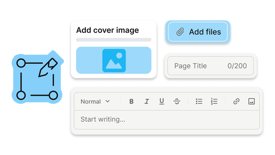 UI of Employee Experience Platform with Add cover image, Add files, Page Title, and text editor.