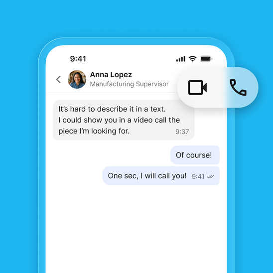 Chat UI for video call feature with a manufacturing supervisor.