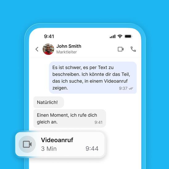 Messaging app showing discussion about a video call in German.