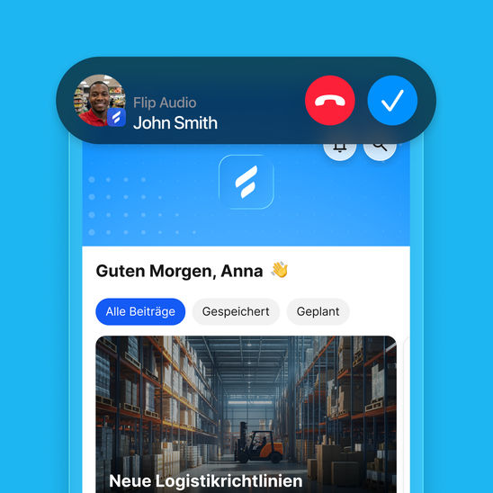 UI showing a call from John Smith and German text Guten Morgen, Anna.