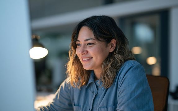 Person smiling while working on a computer in an office.
