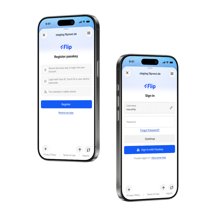 Flip app login and passkey registration screens on phones.