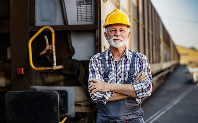 Older male worker in hard hat and overalls stands confidently by a train, industrial background.