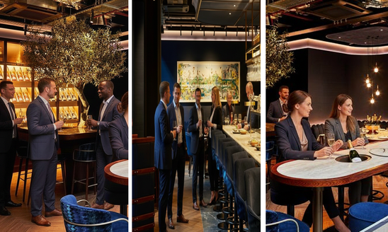 People networking at a stylish bar event.