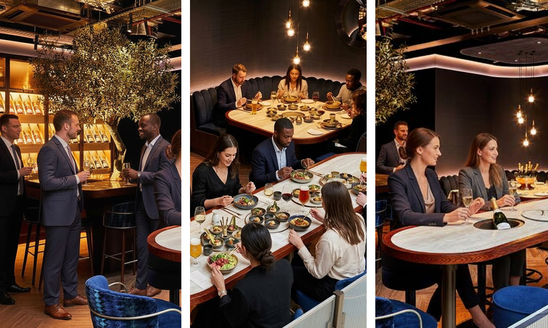 People networking and dining at an upscale event.