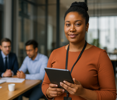 Smiling woman with tablet in office, colleagues in background.