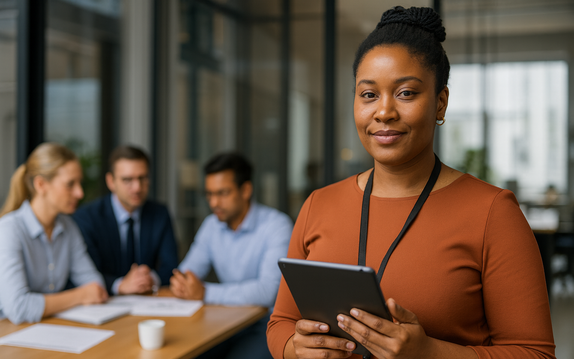Smiling woman with tablet in office, colleagues in background.