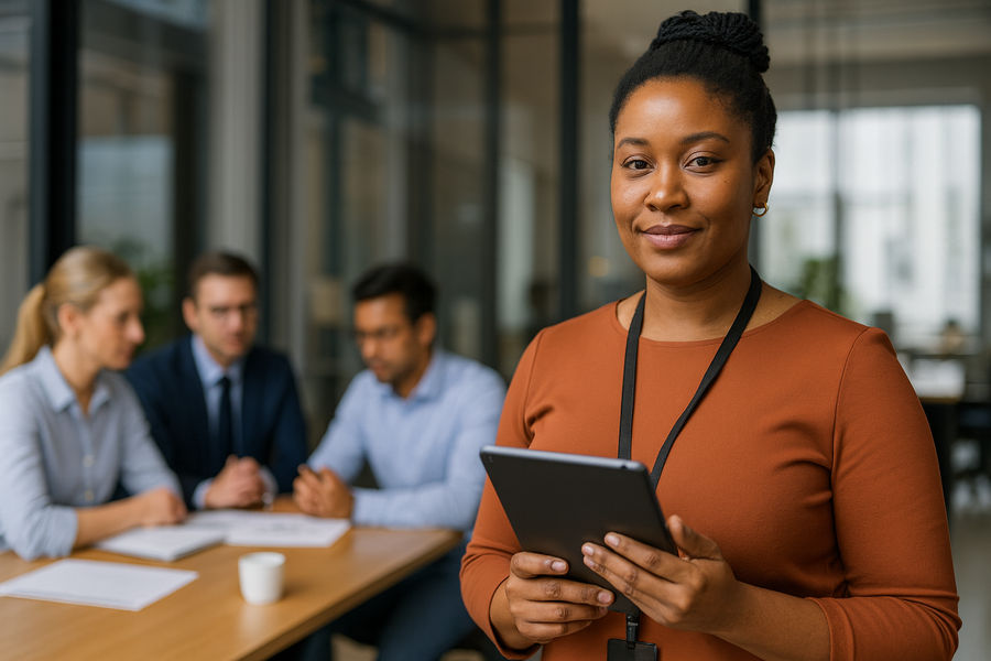 Smiling woman with a tablet in an office, colleagues in the background.