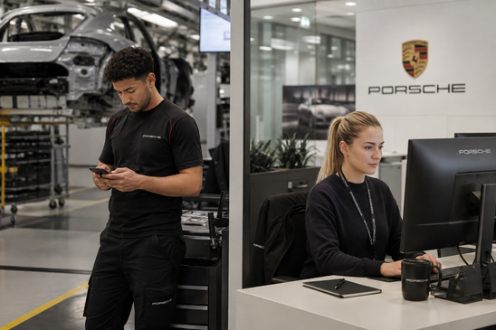 Porsche workers in a manufacturing setting, one using a phone, one at a computer.