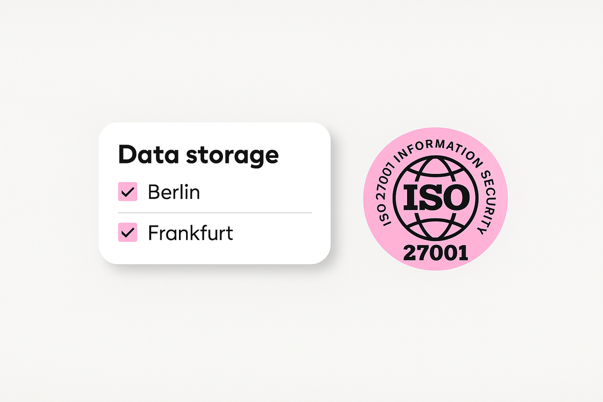Data storage: Berlin, Frankfurt; ISO 27001 Information Security pink badge shown.