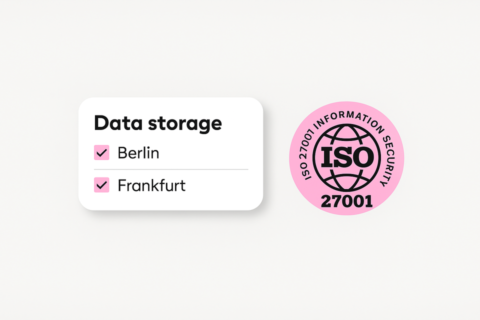 Data storage: Berlin, Frankfurt; ISO 27001 Information Security pink badge shown.