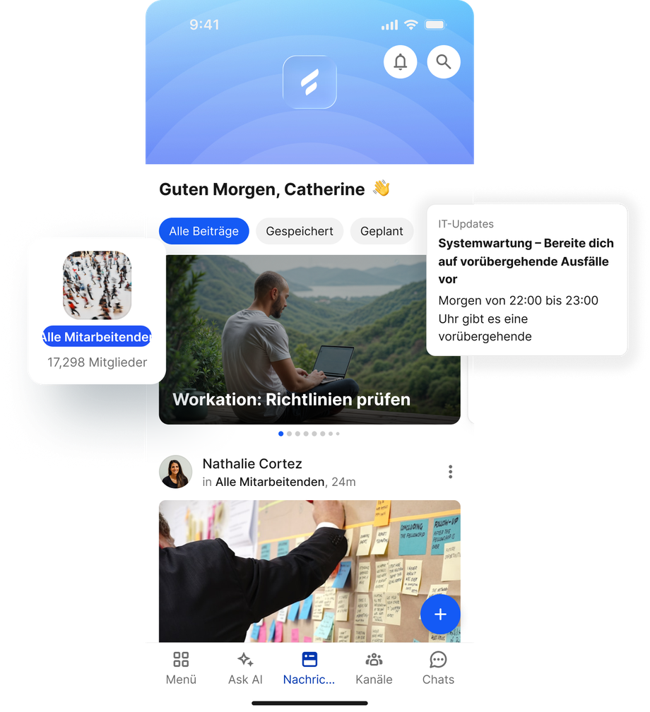 User interface of a B2B-SaaS platform for retail employees with posts, news, and chat options.