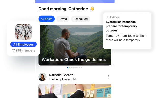 News feed interface for employee communication, showing posts and system updates.