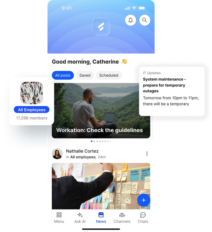News feed interface for employee communication, showing posts and system updates.