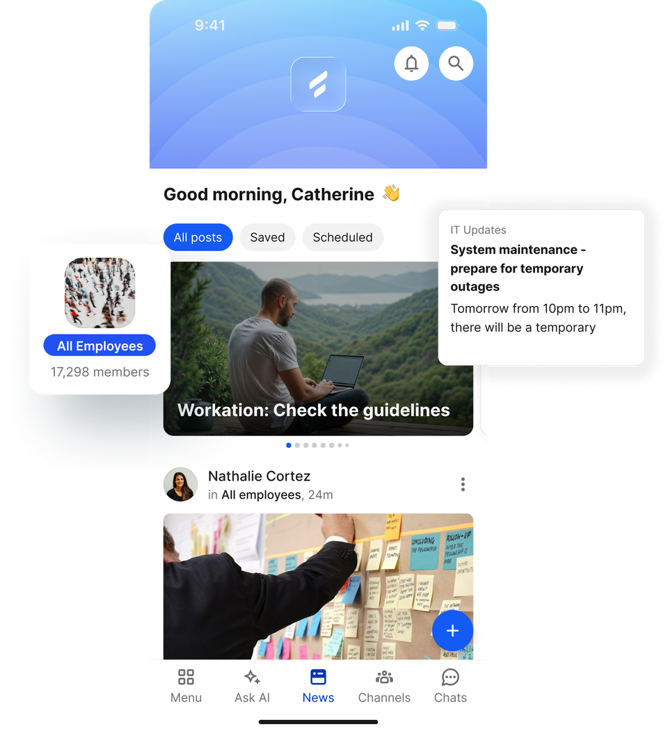 News feed interface for employee communication, showing posts and system updates.