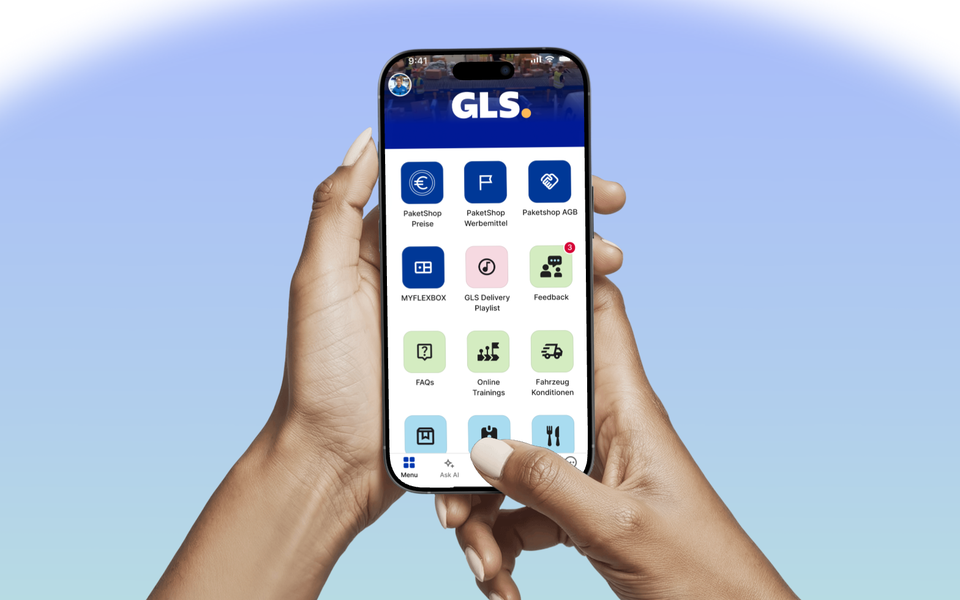 Mobile interface showing GLS app with various service options.