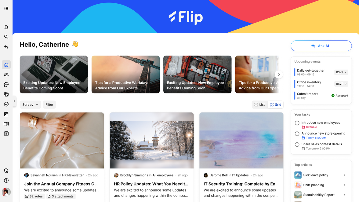 Flip Employee Experience Platform UI: news, HR-Portal, tasks, events, Ask AI, Employee App, Intranet.
