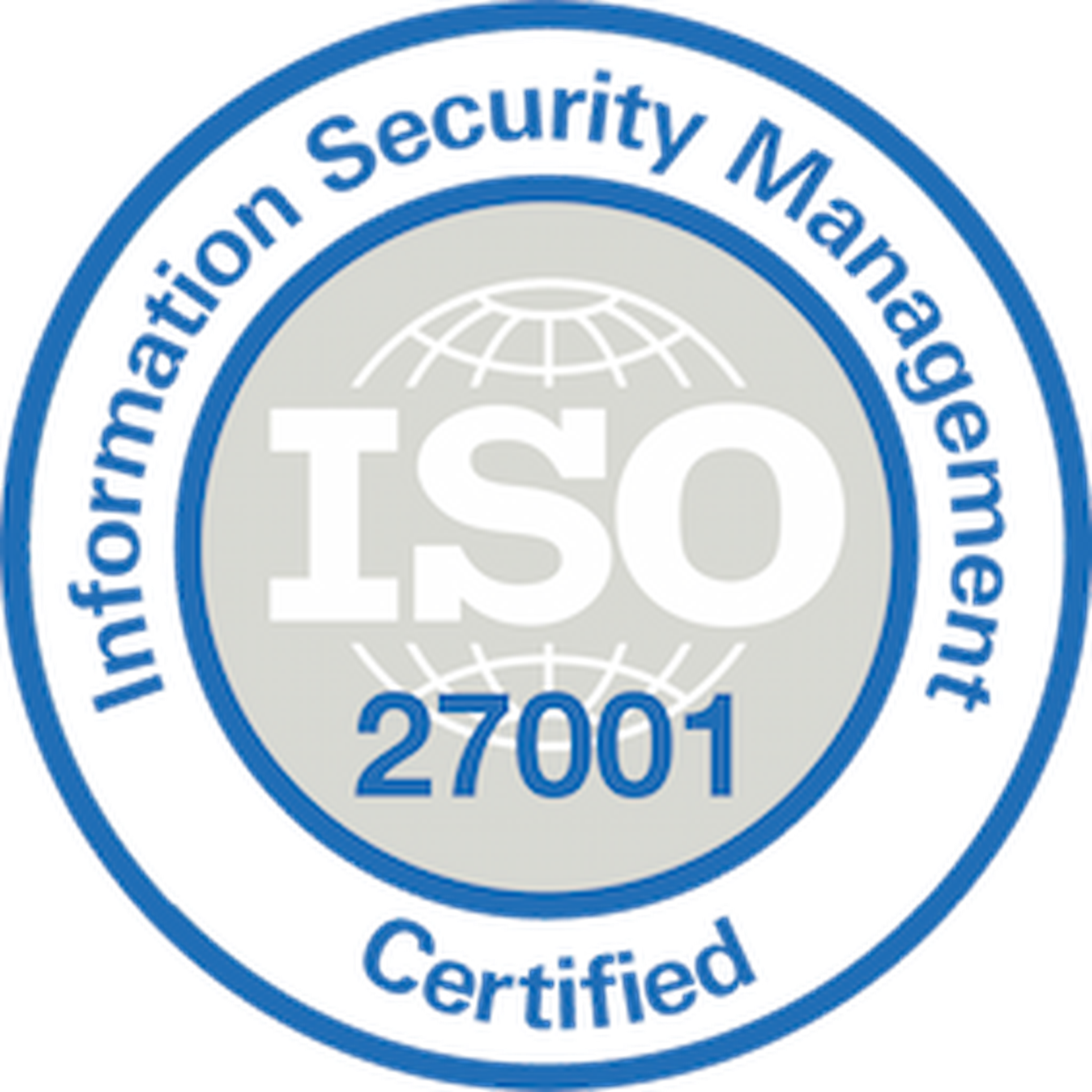ISO 27001 Certified badge, Information Security Management, blue and gray circular logo.