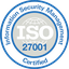 ISO 27001 Certified badge, Information Security Management, blue and gray circular logo.
