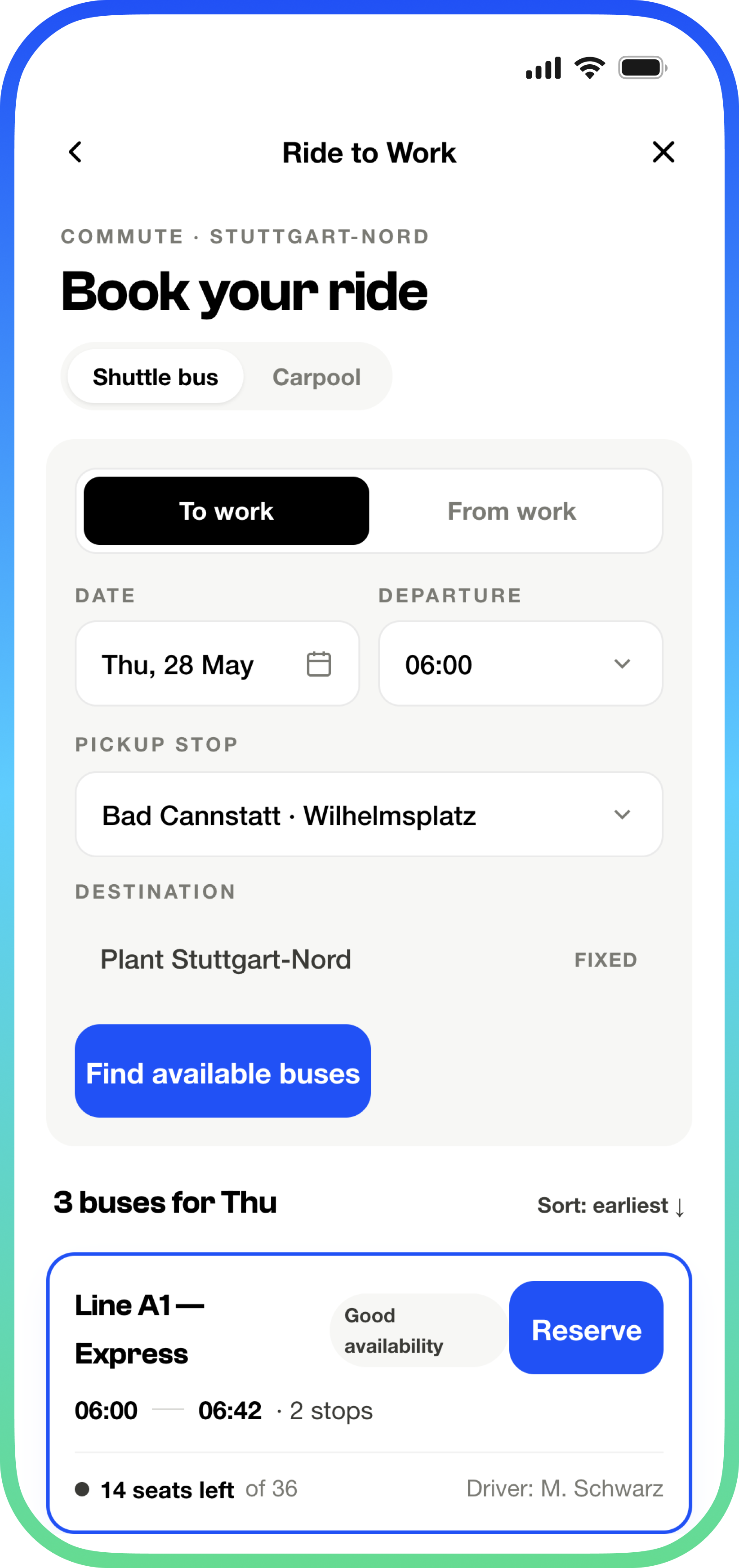 Ride to Work Reservation app