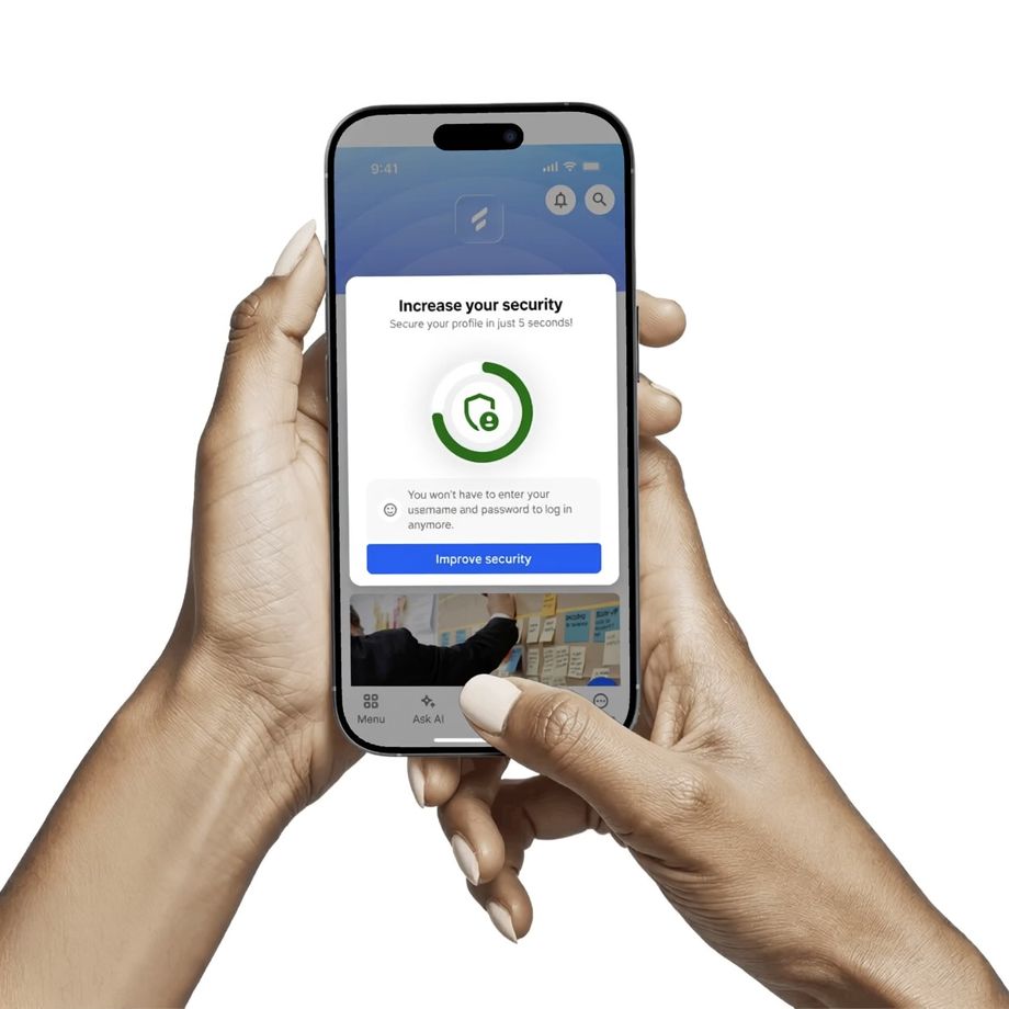A phone with a security prompt: Increase your security. Secure your profile in just 5 seconds! Improve security.