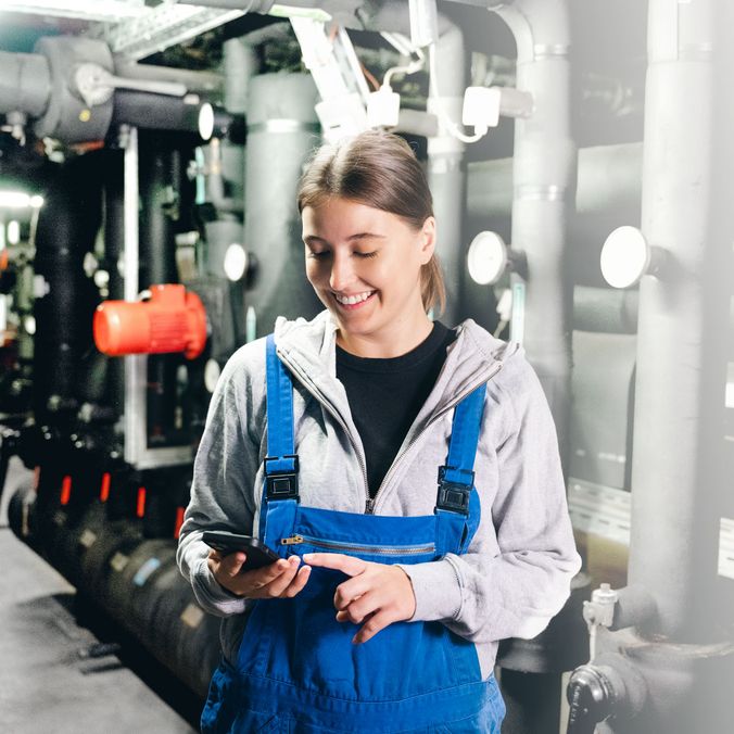 Woman in manufacturing using smartphone, representing Employee App, Mitarbeiterplattform, HR-Software.
