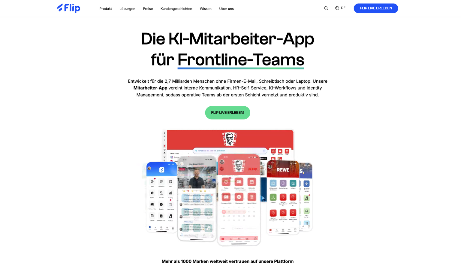 Die KI-Mitarbeiter-App für Frontline-Teams, Flip features interface display.